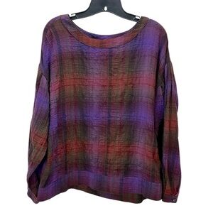 Liverpool Plaid Hi Low Ballon Sleeve Top Med Gauzy Lightweight Oversized Natural